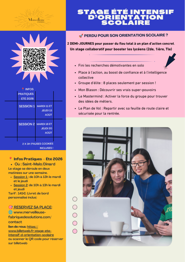 Flyer d'inscription pour le Stage Été Intensif d'Orientation Scolaire. Pour les lycéens (2de à Terminale), pour passer du flou à un plan d'action concret en petit groupe (8 places). Dates et Lieu (Été 2026) : Saint-Malo/Dinard. Deux sessions en août : le 11 et 13, ou le 18 et 20, de 10h à 13h. Tarif : 145 €. Inscription requise sur Billetweb (billetweb.fr/stage-ete-intensif-d-orientation-scolaire) ou via le site www.merveilleuse-fabriquedesolutions.com. Le flyer contient un QR code pour réserver.