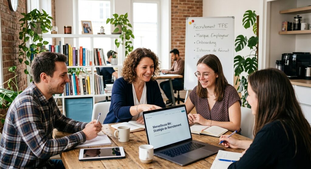 Une équipe de TPE réunie autour d'un ordinateur pour échanger sur sa stratégie de recrutement RH.
